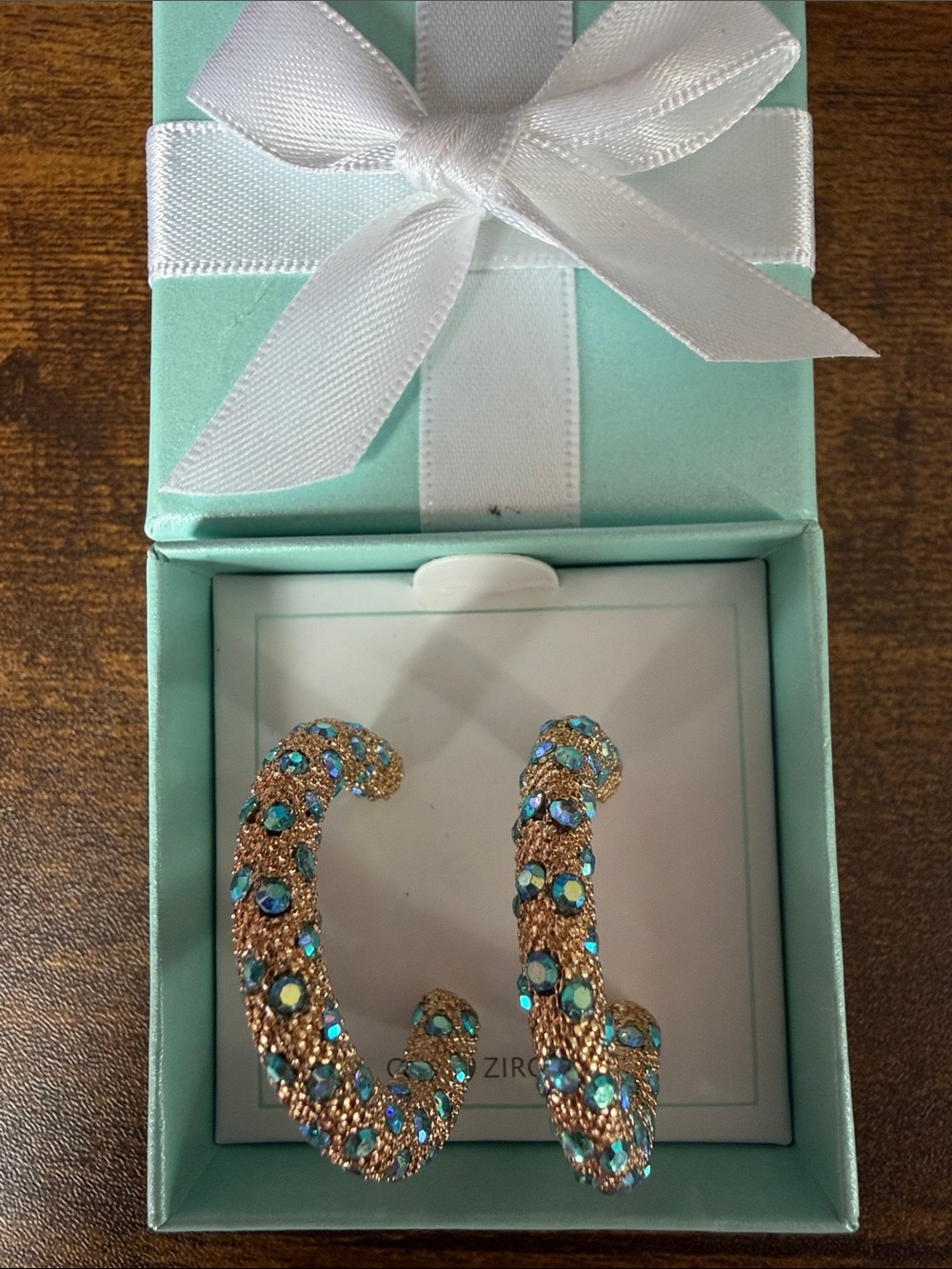 Gold Hoop Earrings with Turquoise Blue Crystal Accents